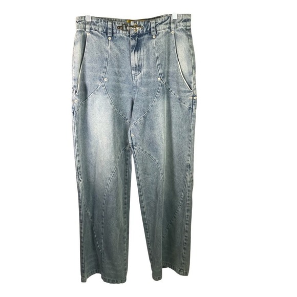 Fine Culture Womens Light Wash Denim Jeans Wide Leg Buckle Closure Size L New - Picture 1 of 16